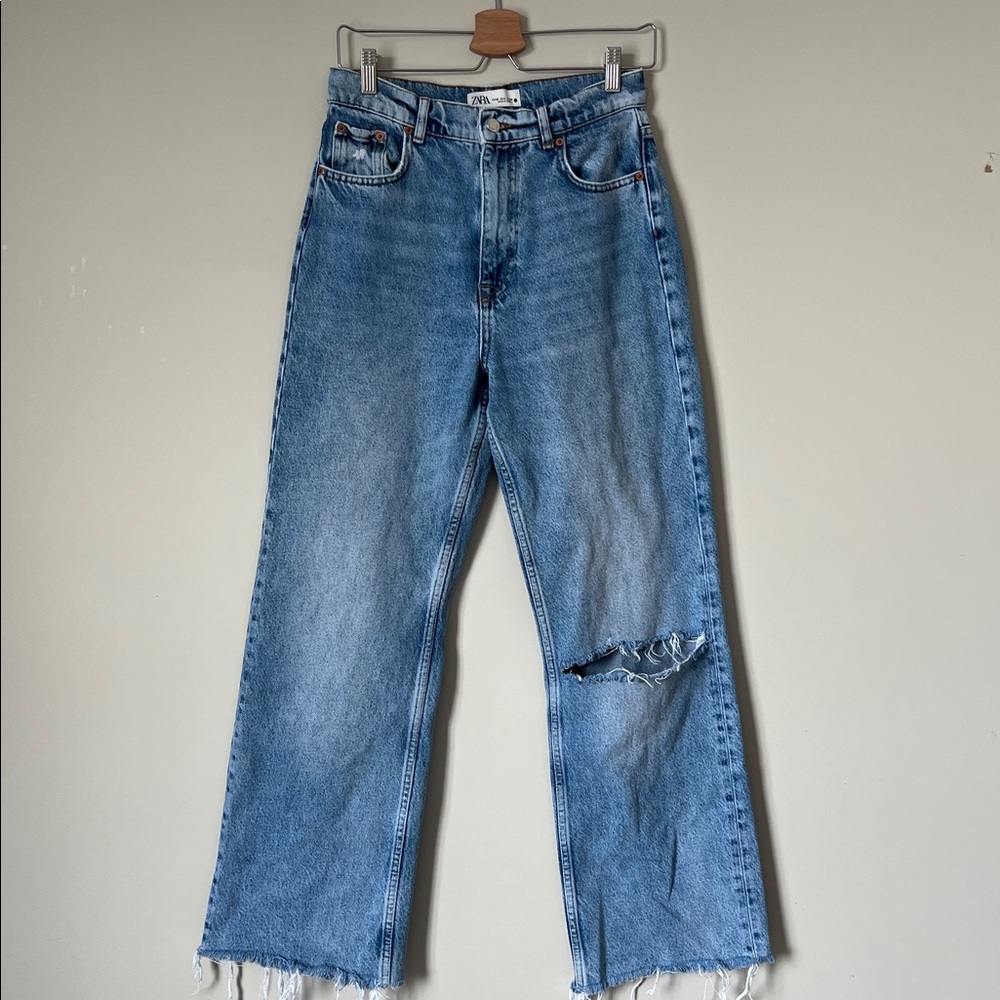 ZARA High-Rise Wide-Leg Jeans Vintage Wash Distressed Raw Hem Size 6 - Picture 4 of 11